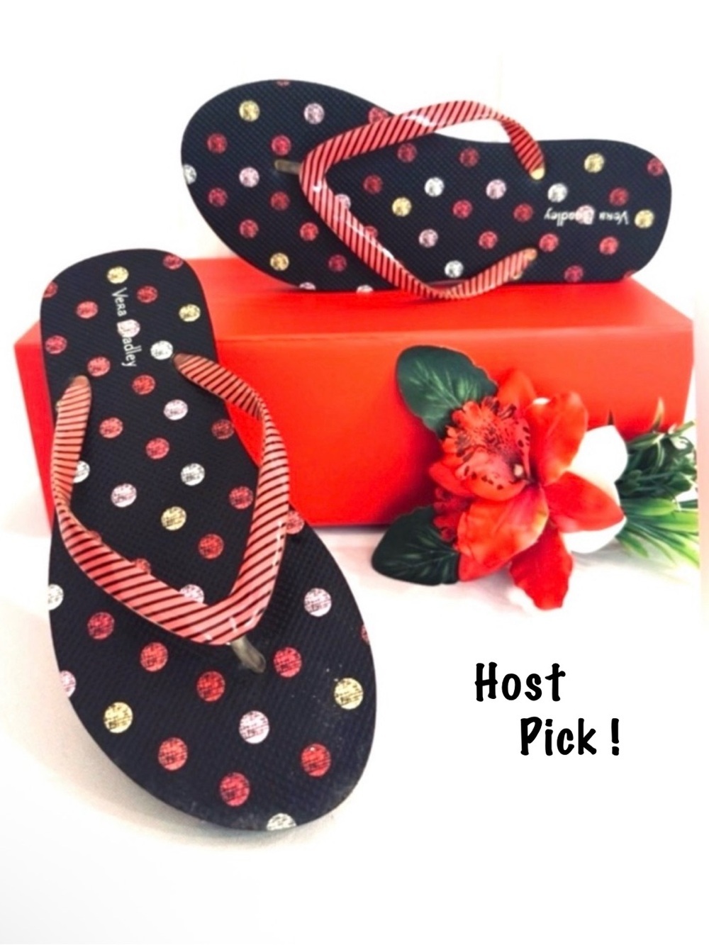 VERA BRADLEY ~ Black Flip Flops with Red Striped Straps Polka Dots Beach Days